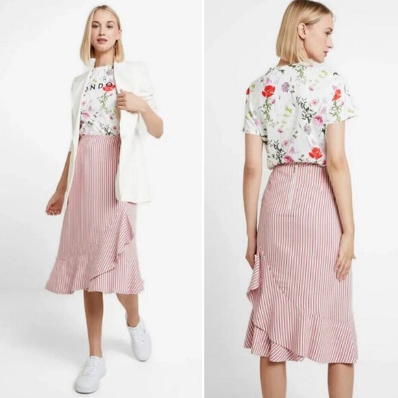 TED BAKER Coryn Layered Stripe Ruffle Midi Skirt Sz S Asymmetrical Tiered Sz 4-6 - Picture 1 of 16